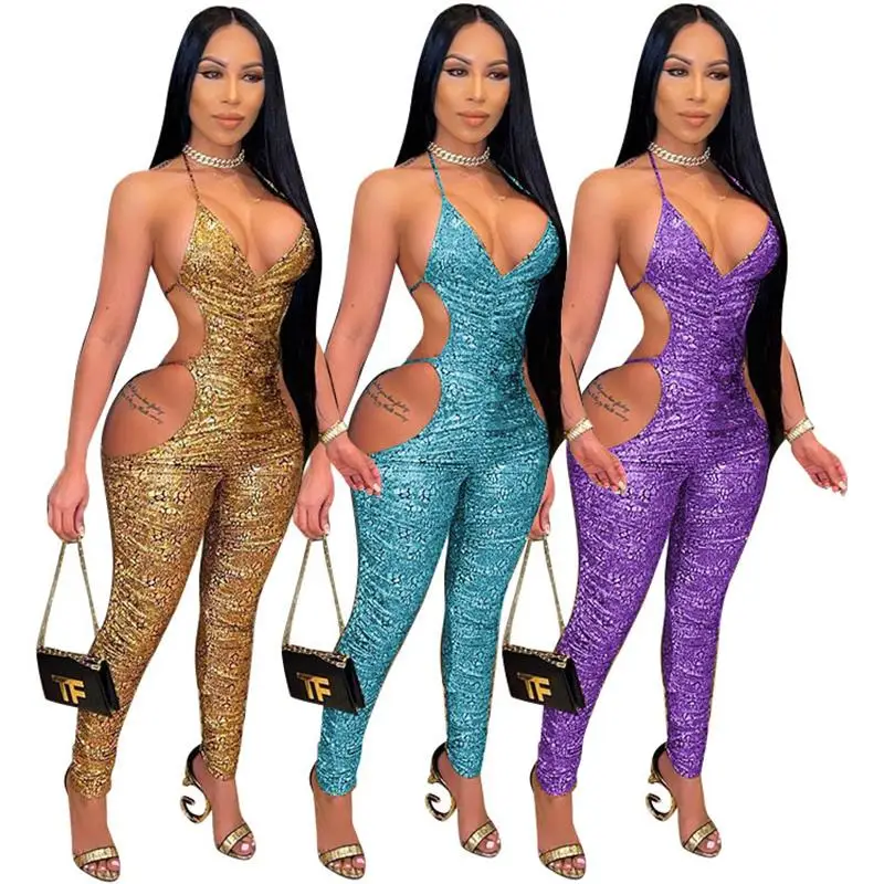 

Hottest Women Nightclub Wear Jumpsuits 2021 Summer New Arrivals Halter Lace-up Hollow Out Backless Skinny Shirring Rompers