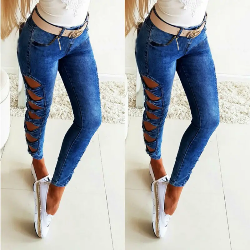Женские джинсовые узкие хлопковые обтягивающие рваные женские длинные штаны с