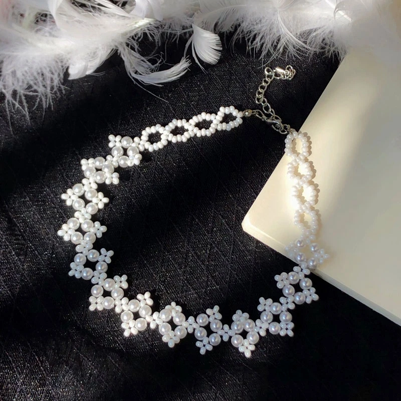 

MENGJIQIAO 2021 New Elegant Pearl Flower Choker Necklace For Women Lady Fashion Cute Beads Wedding Bijoux Colares Jewelry