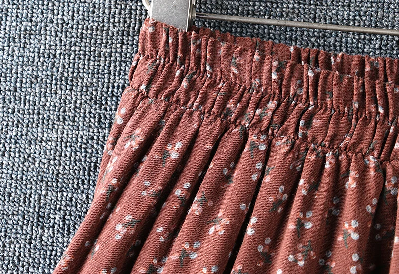 

2021 New Spring Women Skirt Mori Girl Elastic Waist Cotton linen Print Lace Skirts Women