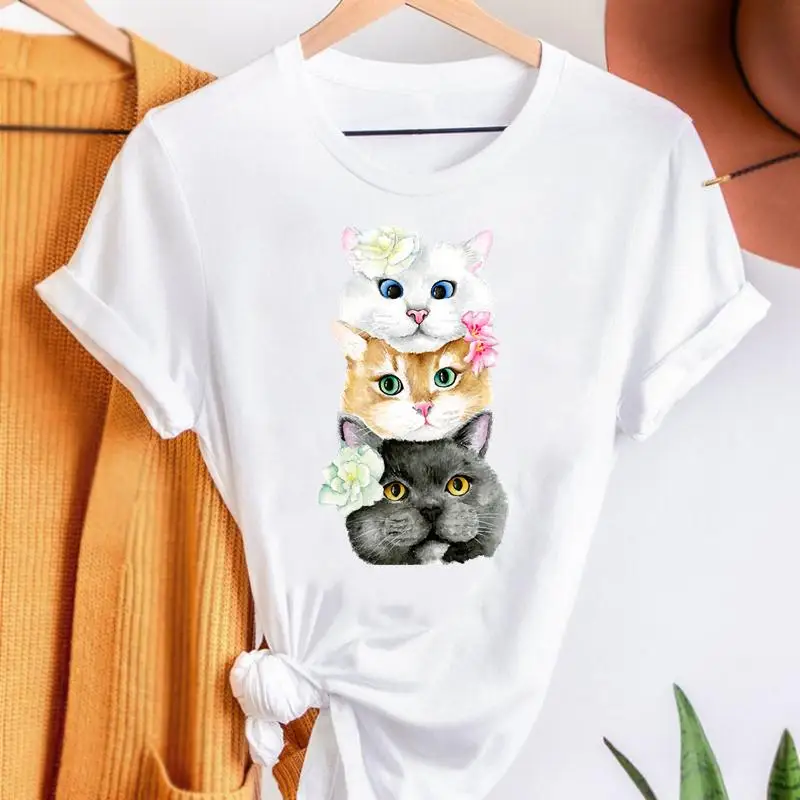 

Pet Flower 90s Trend Cat Fashion Cartoon Short Sleeve Summer Women Graphic T Top Shirt Stylish Print T-shirts Female Tee T-Shirt