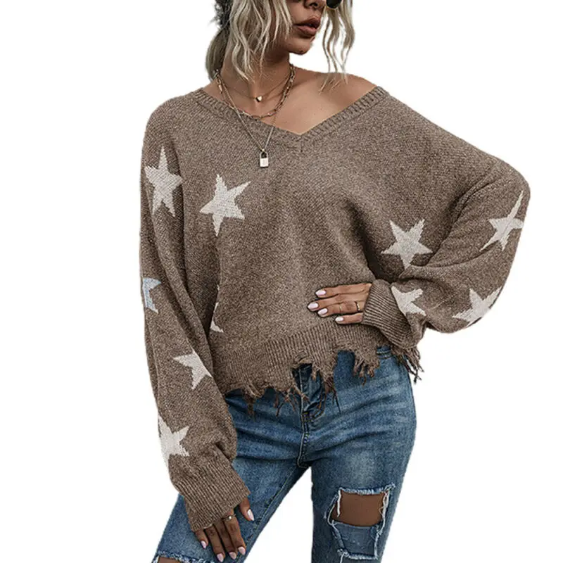 

Womens Ladies Star Print V Neck Sweater Frayed Jumper Top Pullover Casual Winter