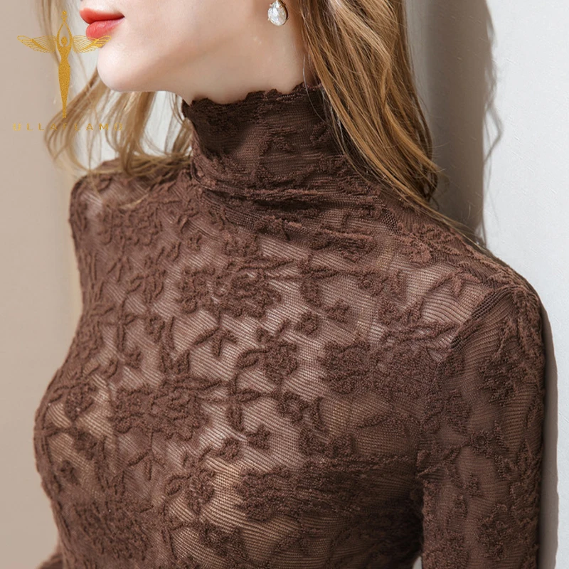 Кружевные футболки с воротником-хомутом женские сетчатые Топы длинным рукавом