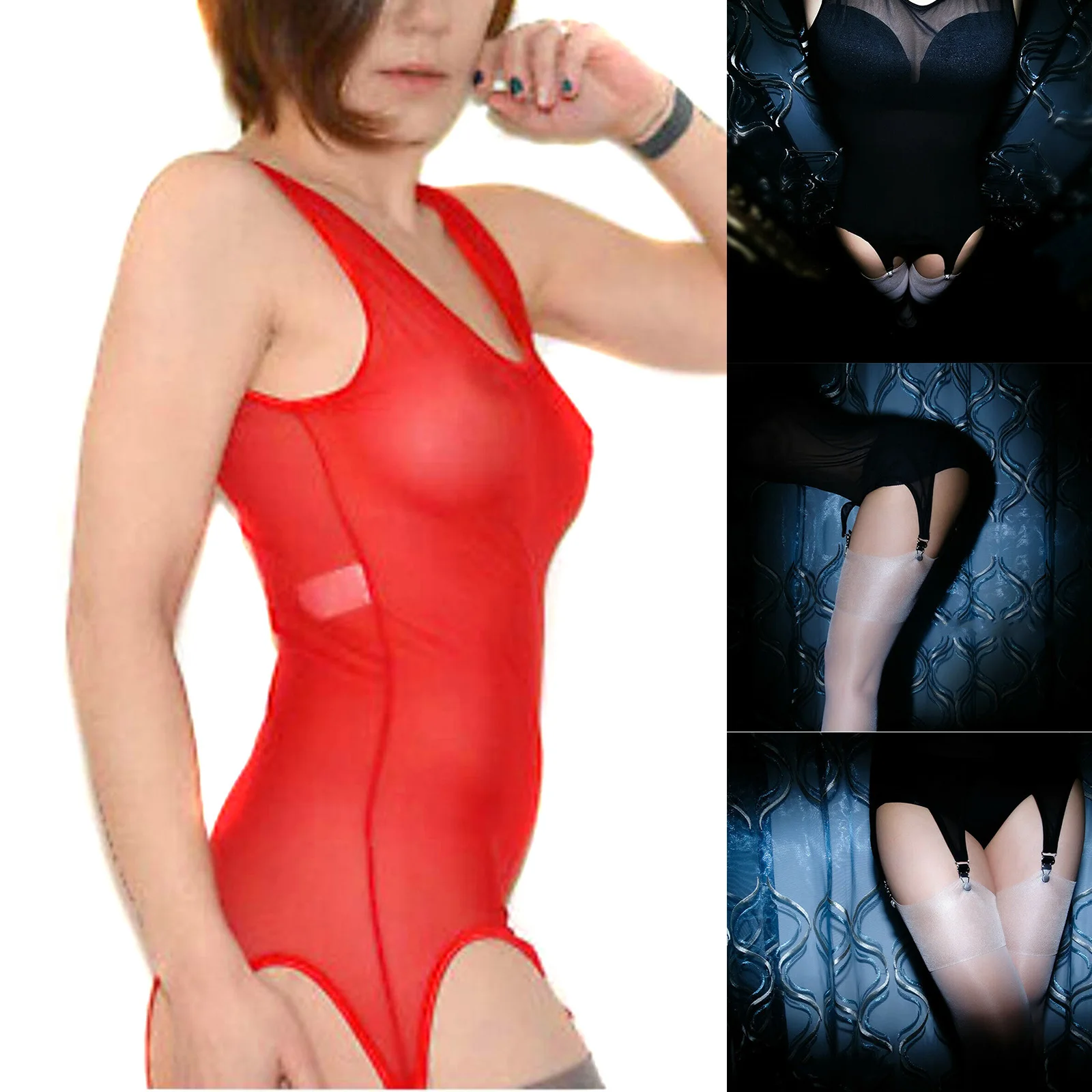 Прозрачный сетчатый жилет боди с поясом подвязками на 6 лямках Женское ночное