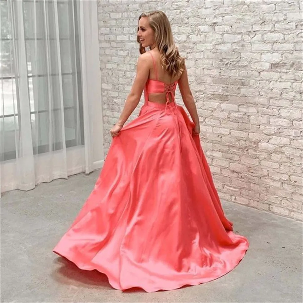 

HONGFUYU A-Line Coral Evening Dresses Spaghetti Straps Long Satin Robe De Soiree Party Prom Dress for Bride Banquet Formal Gowns