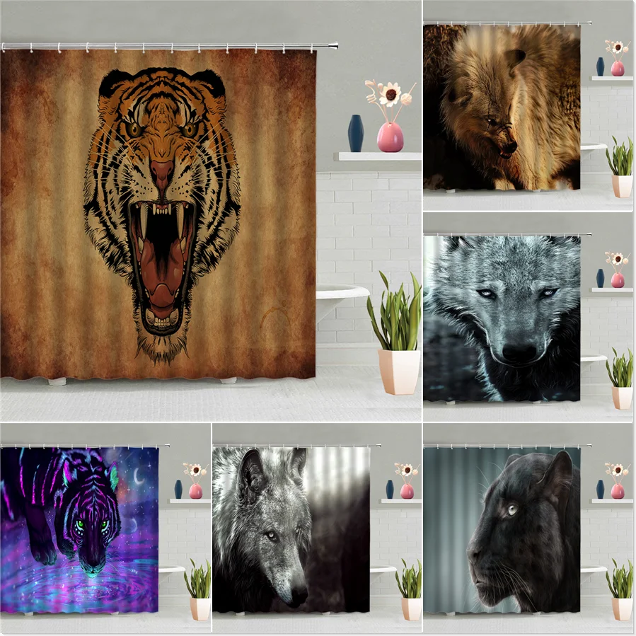 

Wild Animals Shower Curtain Sets Ferocious Tiger Wolf Leopard Home Bathroom Decor Wall Hanging Curtains Bathtub Screens Washable