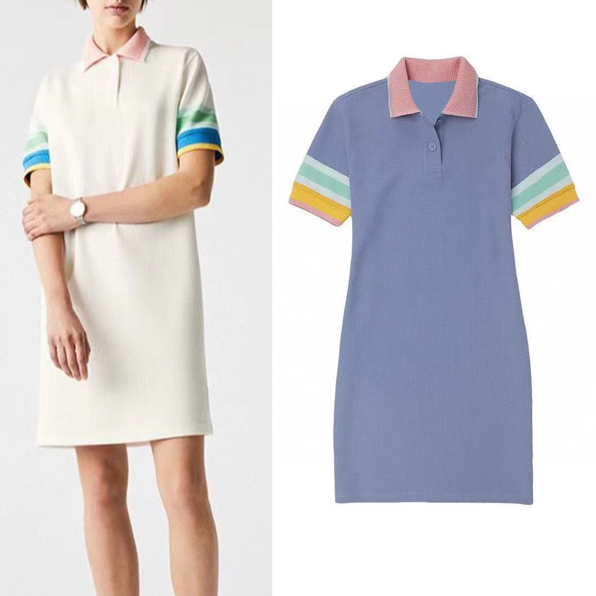 

Alligator summer rainbow hit color elastic thread stitching Polo skirt French age slimming Casual dress S-XL