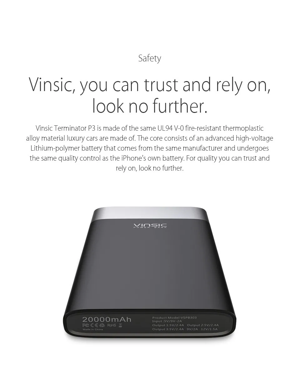 Vinsic 20000 мАч Быстрая зарядка QC3.0 внешний аккумулятор Двойной USB внешний аккумулятор для iPhone X samsung S9 Xiaomi Mi8