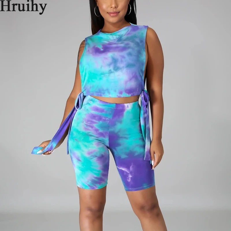 

Woman Clothes Sleeveless Top Two Side Split Tie Dye Print Suits with Shorts Summer Fashion Casual Knitted Sport Woman Outfits