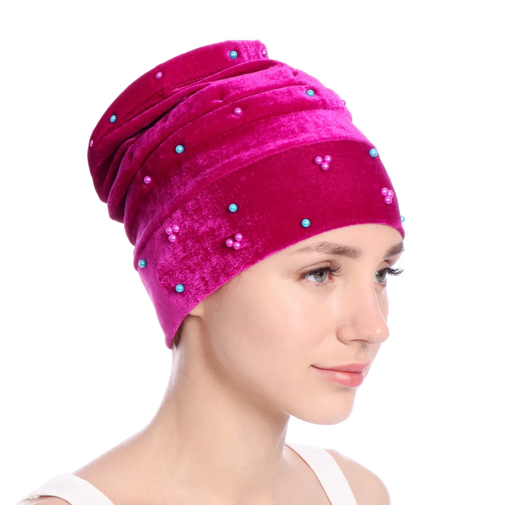 Женская бархатная Beanie Skullies Islamic Bonnet Pearls Head Wrap африканская шапка Muslilm Slouch после