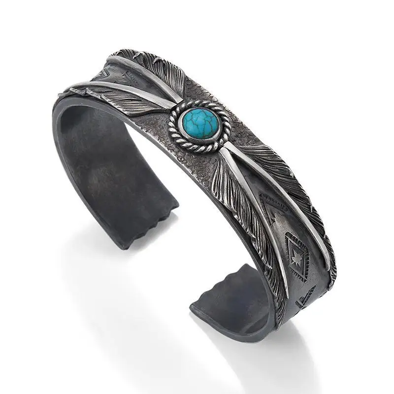 

New Design Feather Bracelet Male Tide Domineering Retro Blue Turquoise Handmade Feather Wide Bracelet Jewelry Accessories
