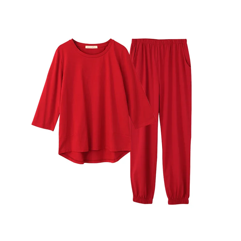 Осень 2019 женские пижамные комплекты простой Однотонный женский комплект из двух