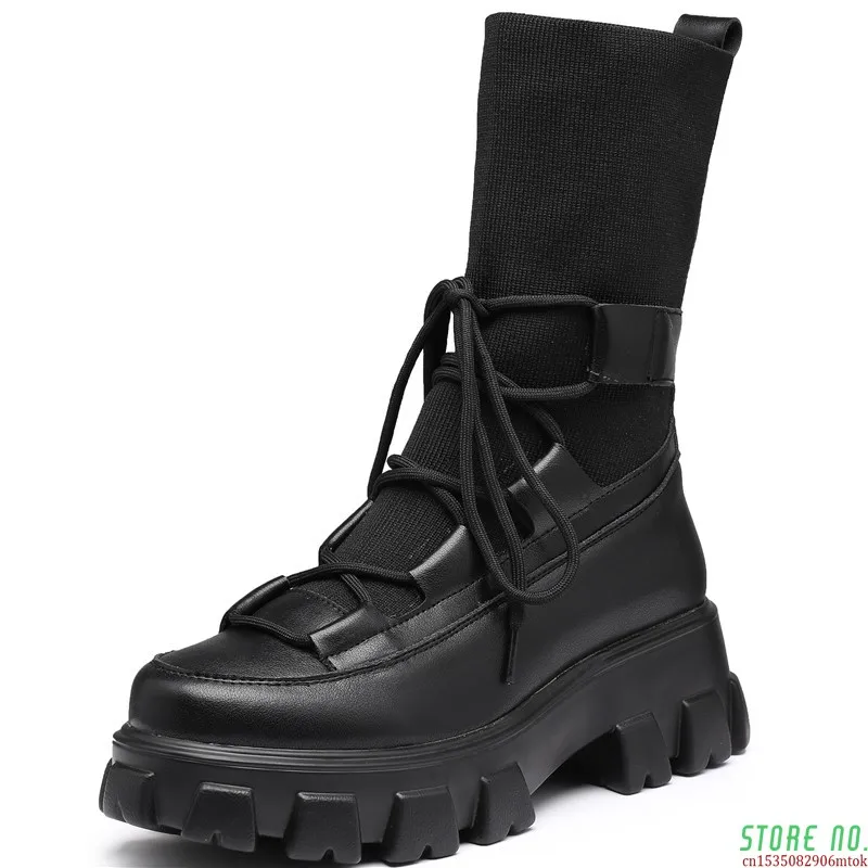 

Stretch Women's Lace up Boots Genuine Leather Fashion Women Long Boots 2020 Autumn Ladies Platform plus size 44 Footwear