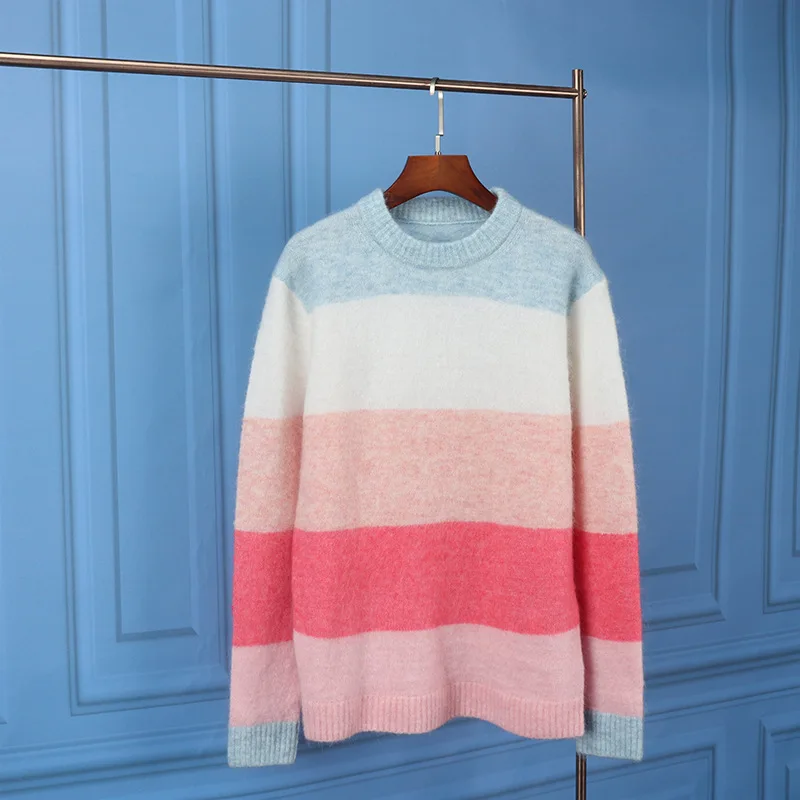

Female European And American Star Same Sweater Women's Rainbow Mohair Sweater