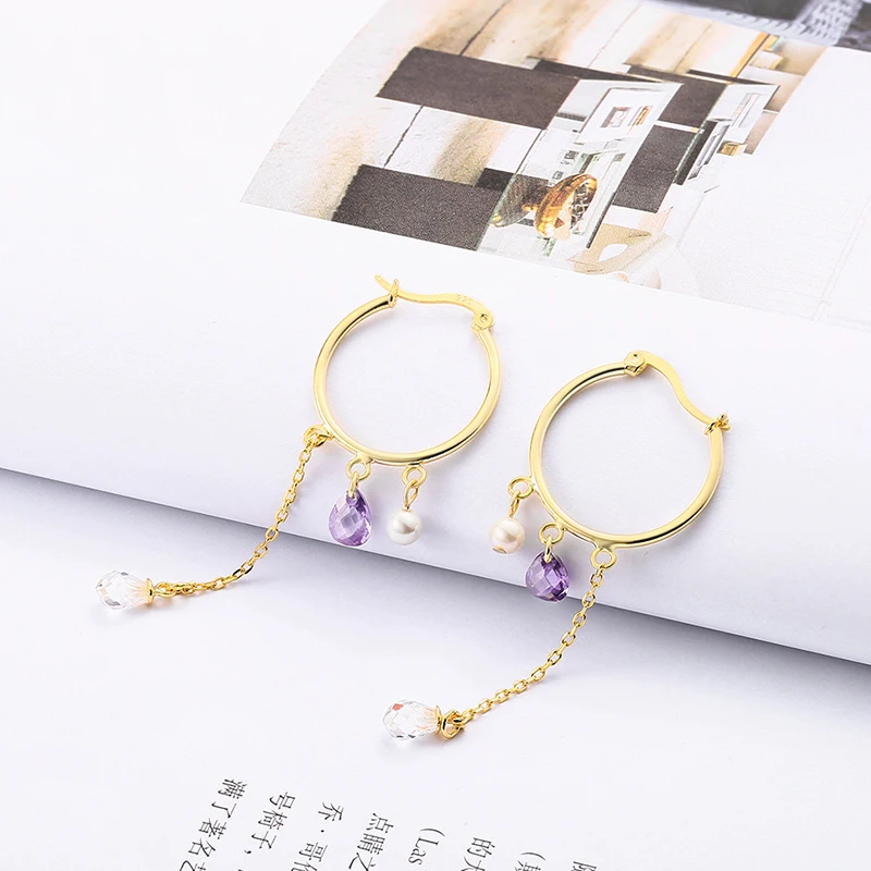 

Fashion personality round silver earrings temperament purple zircon tassel girl earrings3