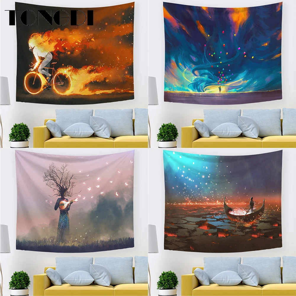 

TONGDI Tapestry Elegant Oil Fantasy Night Landscape Painting Printi Wall Hanging Mat Decor For Home Parlor Bedroom Living Room