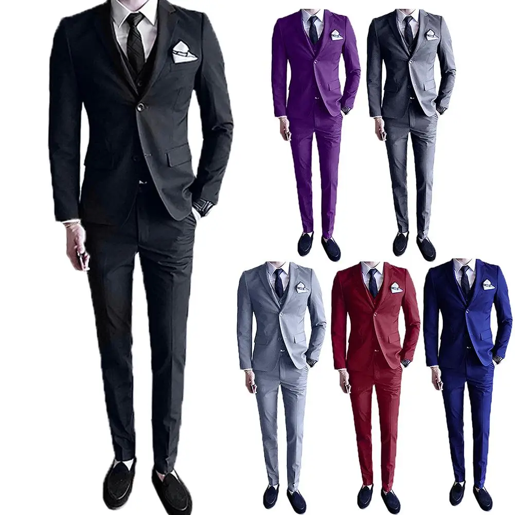 

Men Autumn Solid Color Lapel Collar Coat Jacket Vest Pants Business Suit Set