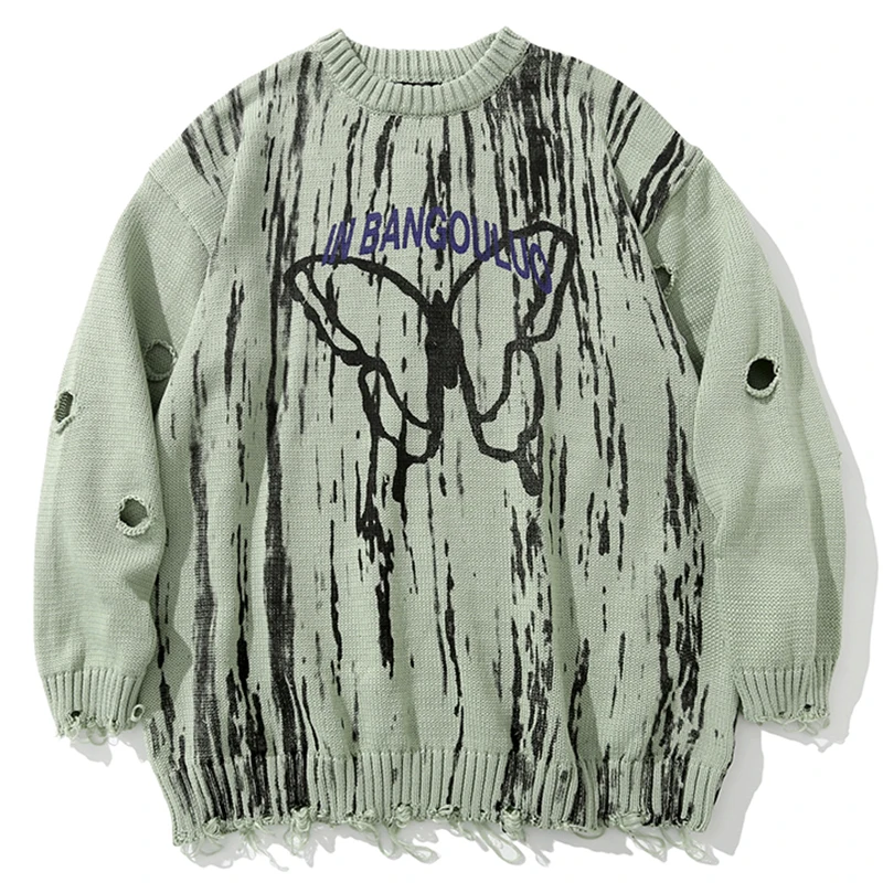 

Осенний вязаный свитер с дырками, мужские и женские рваные джемперы с принтом бабочки, модные уличные пуловеры, одежда для мужчин