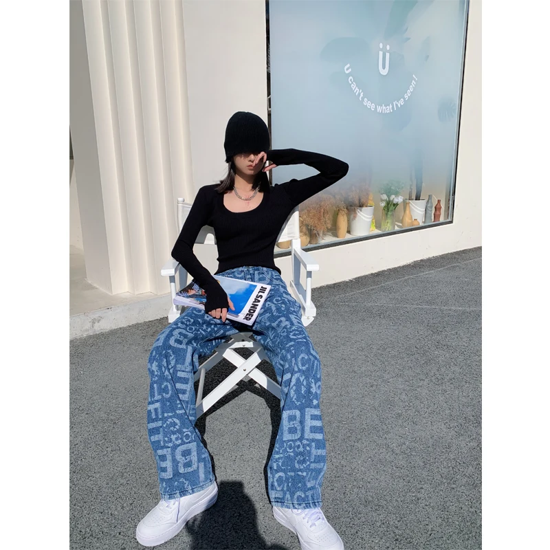 

Fashion Vintage Jeans Women 2021 High Waist Streetwear Cargo Casual Straight Loose Baggy Letter Print Harajuku Boyfriend Botton