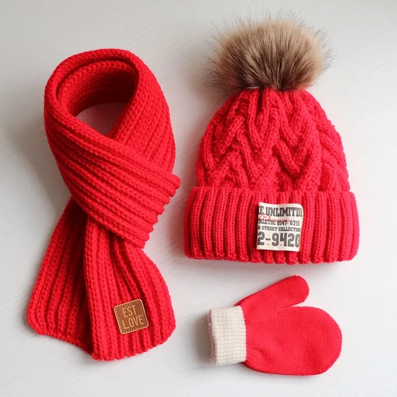 3pcs Baby's Hat Scarf Gloves Sets Warm Knitted Scarf Winter Boys And Girls Hats Gloves Soft Thick Hat 2022