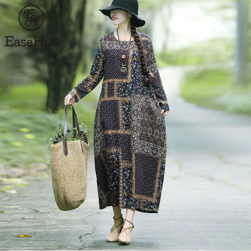 EaseHut Vintage с принтом Хлопок Льняное Платье Для женщин Свободные Повседневные Макси Платья с длинным рукавом Шею Ретро Мода Elbise mujer