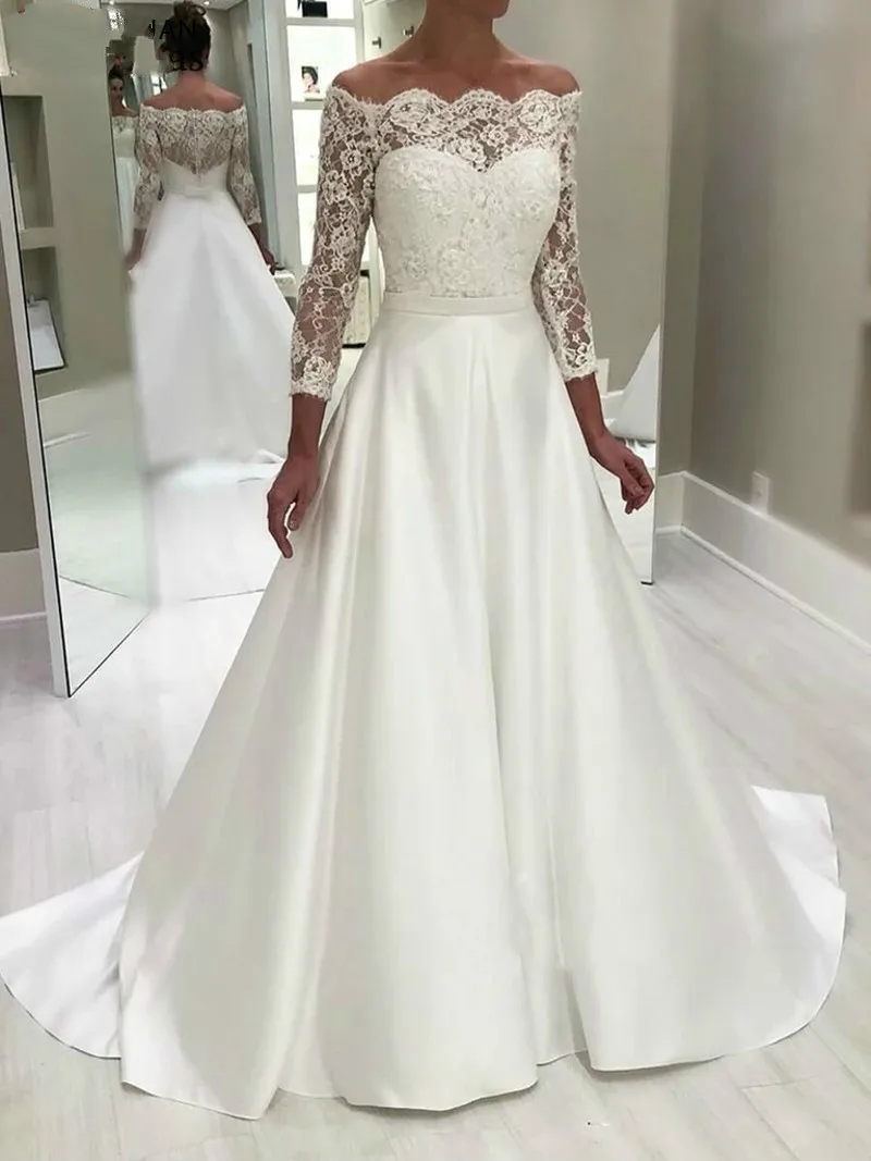 

Classic Satin A Line Wedding Dresses Off Shoulder Long Sleeve Button Back Vestido Robe De Mariee Novia Bridal Gown Wedding Gowns