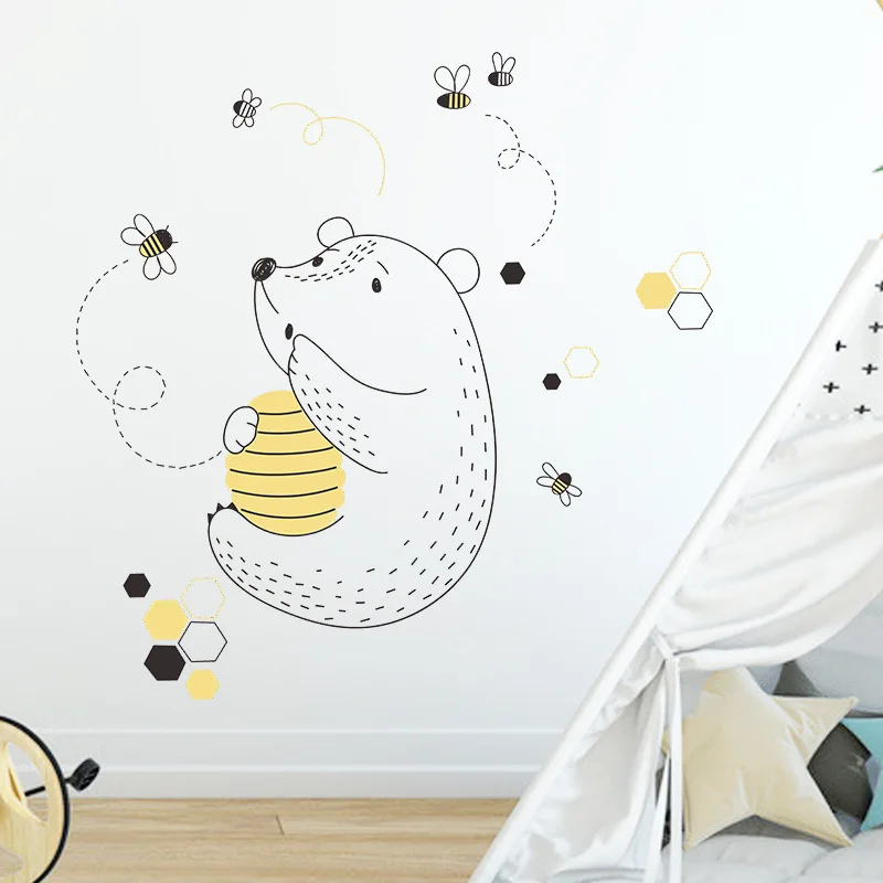 

Cartoon Bear Wall Sticker for Kids Room Decor Mural Bees Animal Decorative Vinyl Wall Decal Home Decor Wallpaper Self-adhesive