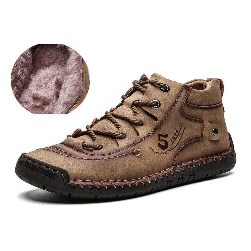 Plus Size Winter Men Shoes Casual Split Leather Shoes Men Loafers Super Comfort Snow Shoes Men Flats Hot Sale Moccasins Shoes - Color: Khaki  with fur