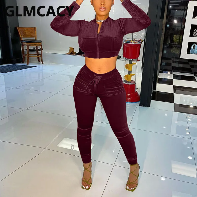 

Women Two Piece Velvet Track Suits Long Sleeve Crop Top & Slim Pants Set