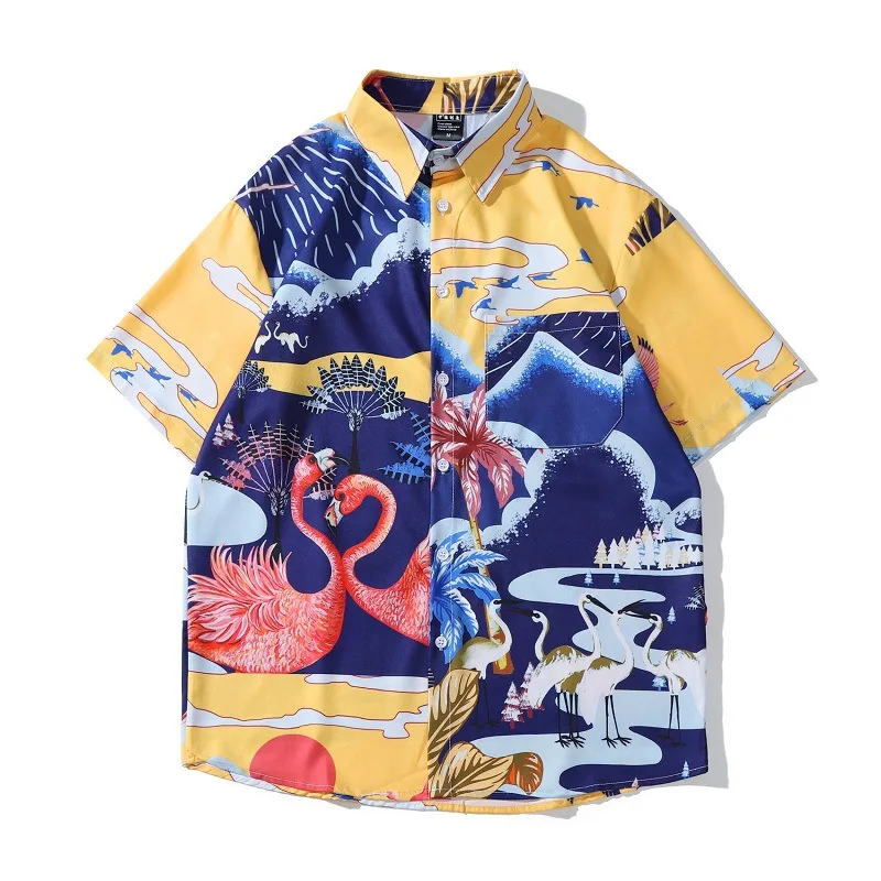 

2021 Japanese style Haradjuku Short Sleeve Shirts For Men Fashion Summer Clothing Flamingo Blouses Streetwear Chemise Homme