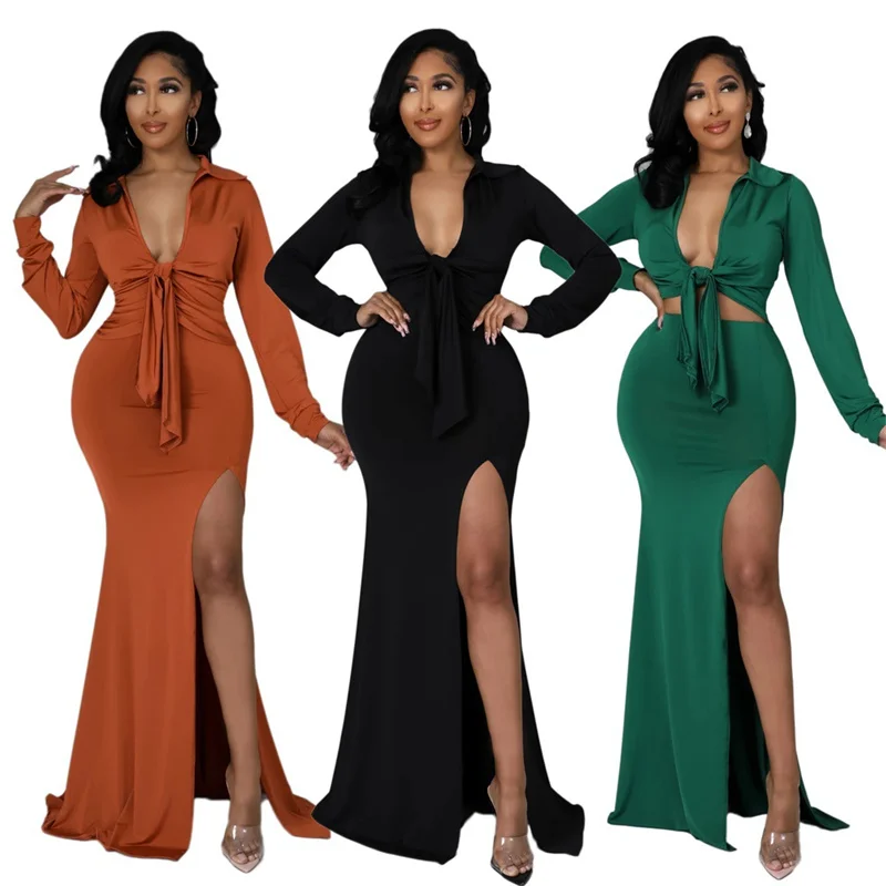 

Sexy Two Piece Suits V Neck Short Top and Side High Split Pants Party Casual Outfits