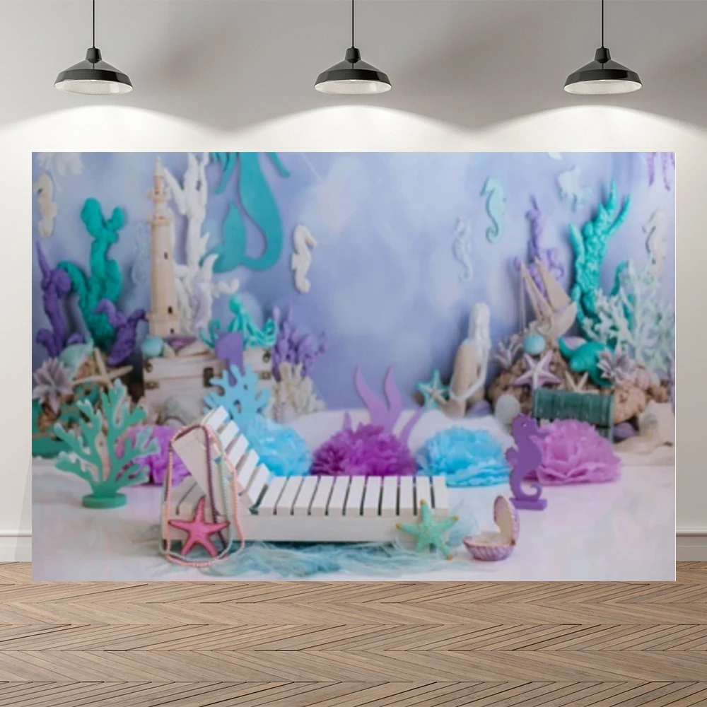 

Neoback Baby Shower Sea Mermaid Girls Birthday Backdrop Blue Purple Customized Kids Party Decorations Background Photocall