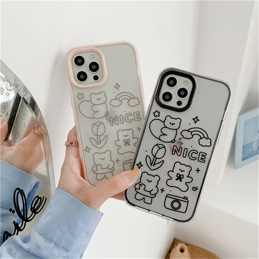 

Cartoon Line Bear Transparent Phone Case For iPhone 12 11 PRO MAX XS X XR 7 8PLUS Silicone Soft Fall-anti Protective Cover Shell
