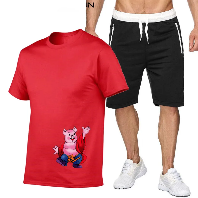 

Spring And Summer Fashion Printing Men's Pattern Casual Printing Oversized T-shirt + shorts Suit Sportswear Pig Pattern