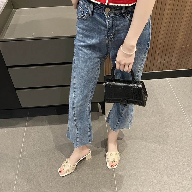 

Female Shoes Transparent Slippers Low Med Square heel Slides Fashion 2021 Block Luxury Summer Rome Fabric PU Hoof Heels Rubber