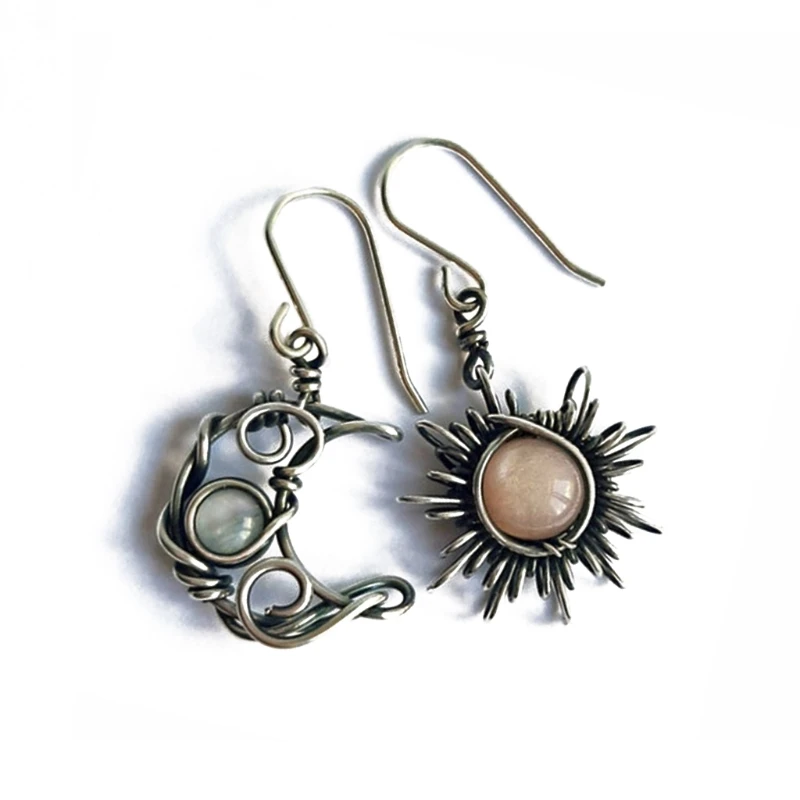 

Antiqued Silver Sun and Moon Hook Earrings Bohemia Celestial Moonstone Dangle Drop Earrings Women Boho Fashion Jewelry