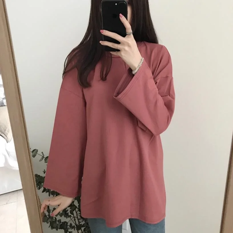 Женская одежда сезон весна осень 2019 свободная Базовая футболка с длинным рукавом