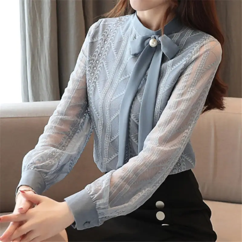 

Fashion Lace Blouse Women Clothing Elegant Long Sleeve Shirts Roupas Femininas Loose Chiffon Office Ladies Tops Blusas XXL Q3428
