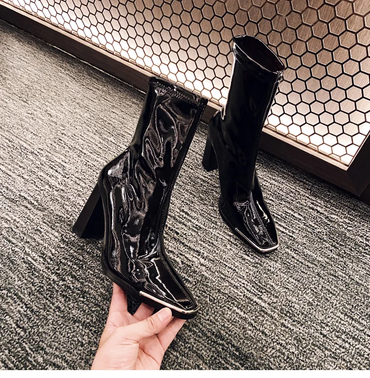 

2021 autumn women's boots patent leather high heel fashion all-match square toe thick heel plus size women's boots