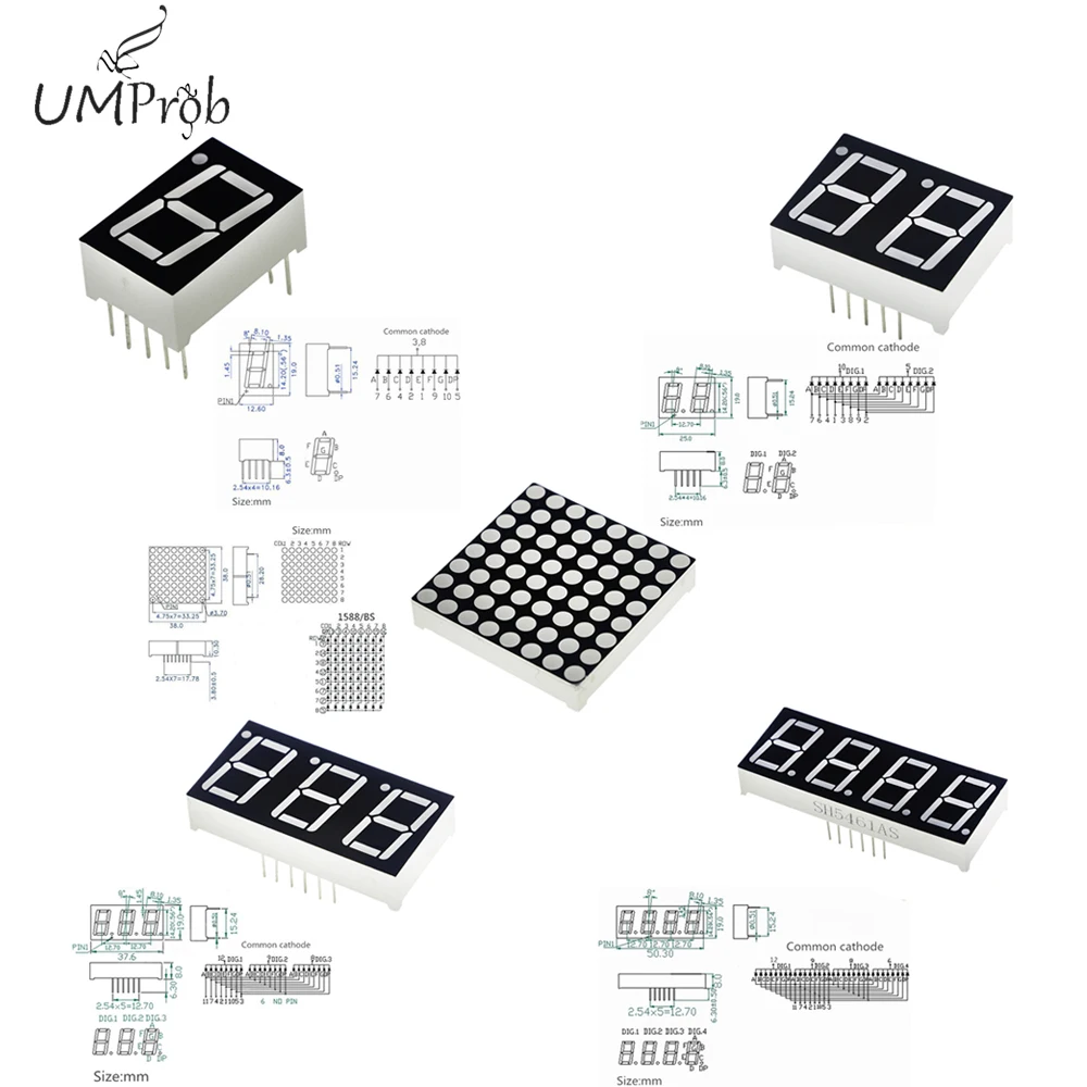 0,56 дюймов 7 сегмент 1Bit/2Bit/3Bit/4Bit цифровая трубка Красный общий анод светодиодный цифровой дисплей 8x8 решетчатый светодиодный экран ярко-красного цвета с точечной матрицей