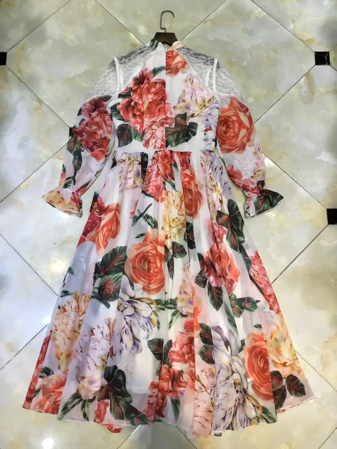 

European Spring Fashion Dress Lady Long Sleeves Bow Colorful Peony Flower Print Lace Patchwork Midi Party Dress