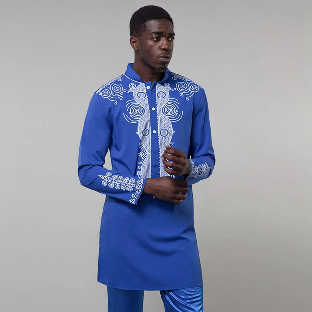 Opslea Dashiki африканская Мужская рубашка с длинным рукавом и стоячим воротником Bazin Riche с национальным этническим принтом Одежда Повседневная приталенная рубашка