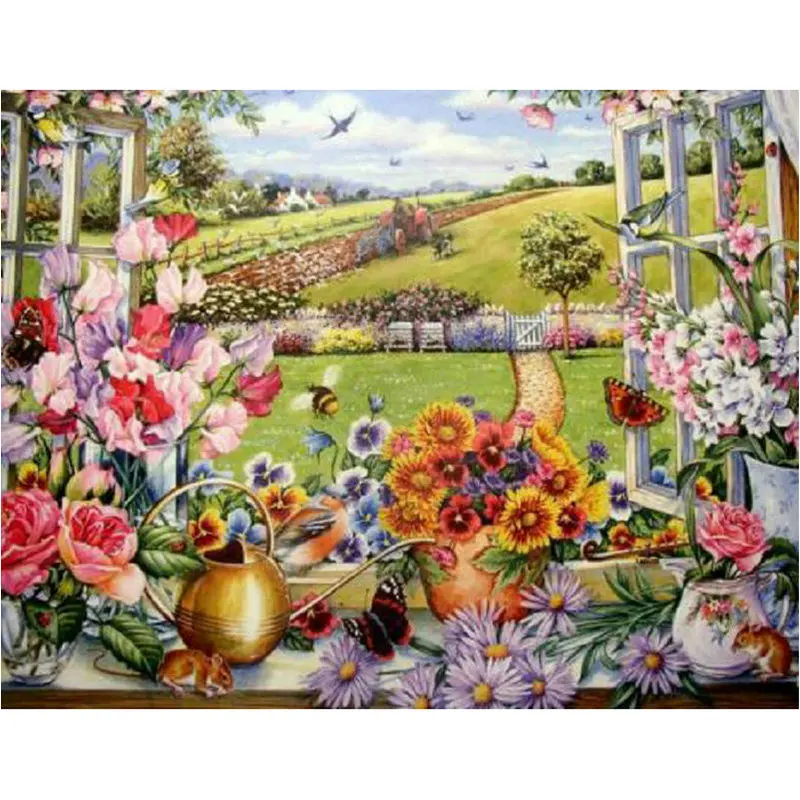 5D алмазная вышивка сделай сам ферма подоконник цветок пейзаж живопись крестиком