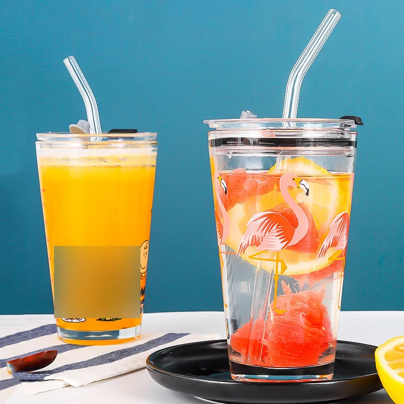 

500ML Lovely Glass Straw Cup Travel Coffee Mug Heat-Resistant Glass Scale Cup Car Water Milk Cup Transparent Graffiti Drinkware