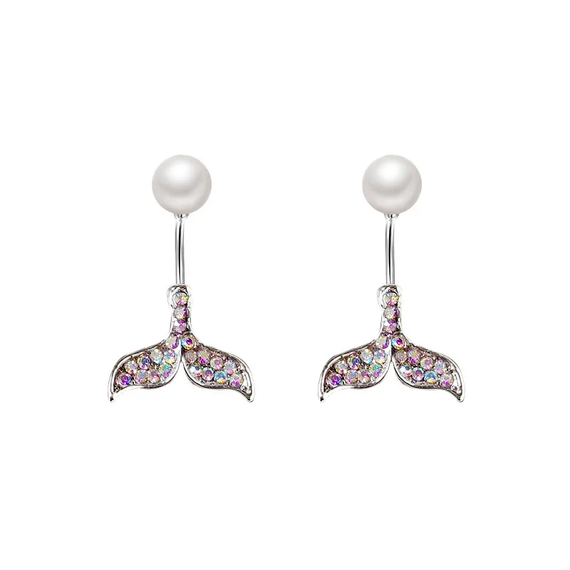 

LS Silver needle Earrings feminine temperament versatile Chaozhou simple dolphin fishtail net red cool wind earrings