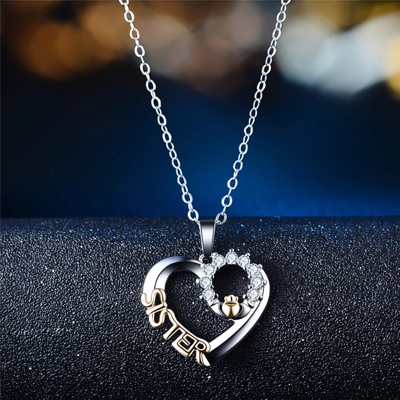 

Women Heart-shaped Sister Gift Chain Inlaid Zircon Crown Style Pendant Necklace