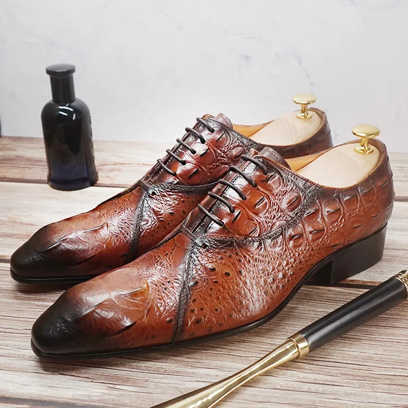 Luxury Men Leather Shoes Crocodile Pattern Men's Oxford Casual Dress Mens Shoes Black Brown Lace Up Wedding Office Formal Shoes