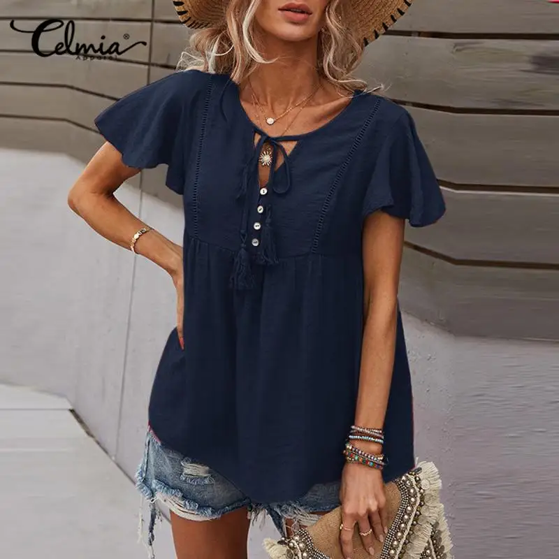 

Celmia Casual Loose Women Peplum Blouses Elegant V Neck Short Ruffled Sleeve Hollow Out Blusas 2022 Summer Bandage Buttons Tunic