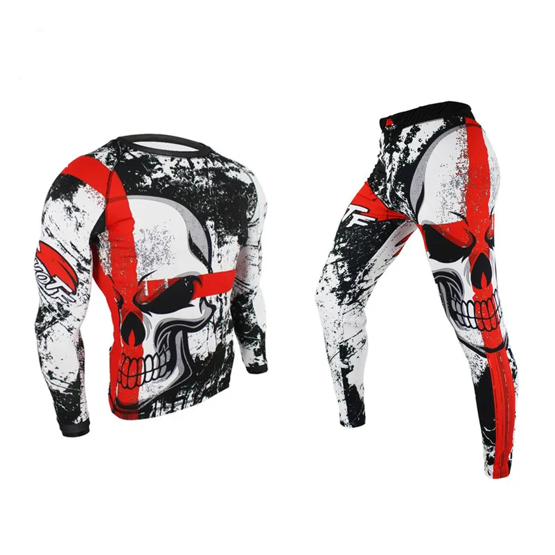 FDBRO2019 брюки Муай Тай ММА Fightwear Боксерский набор компрессионный Джерси+ брюки череп Рашгард кикбоксинг плотные Длинные футболки - Цвет: set