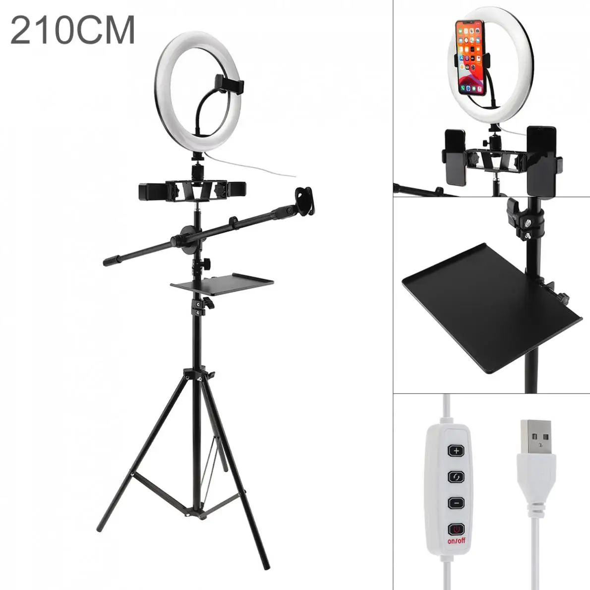 26cm Tripod Dimmable LED Selfie Ring Light with Mobile Phone Clip Microphone Stand Sound Card Tray for Live Photo Studio